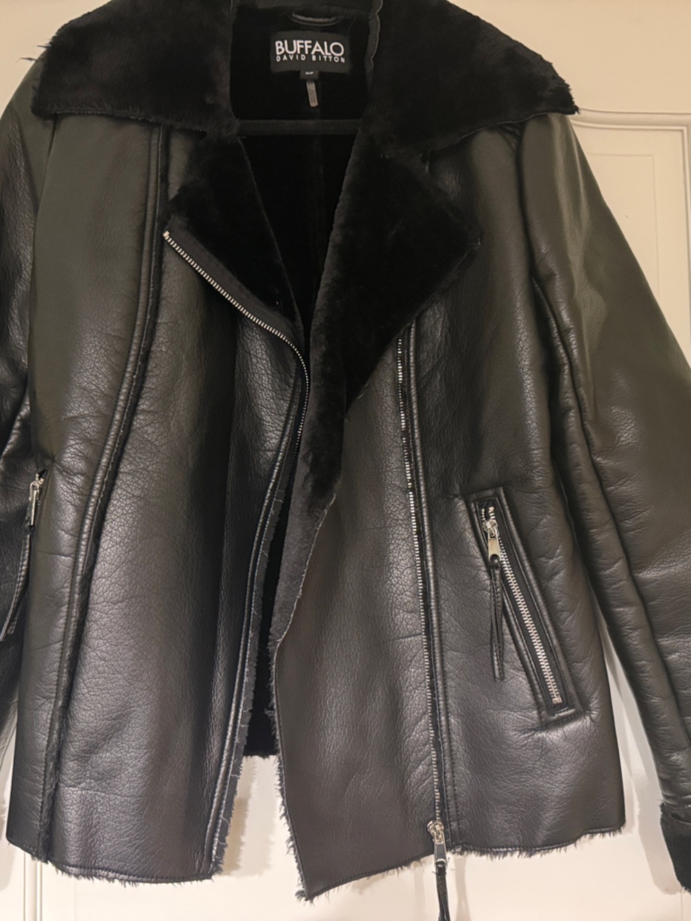 Buffalo David Bitton Never Worn Black Shearling Trim Leather Jacket